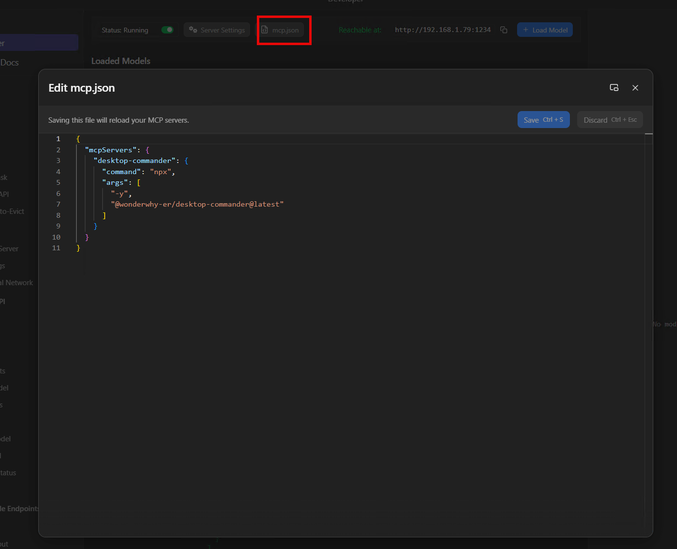 The mcp.json editor inside LM Studio