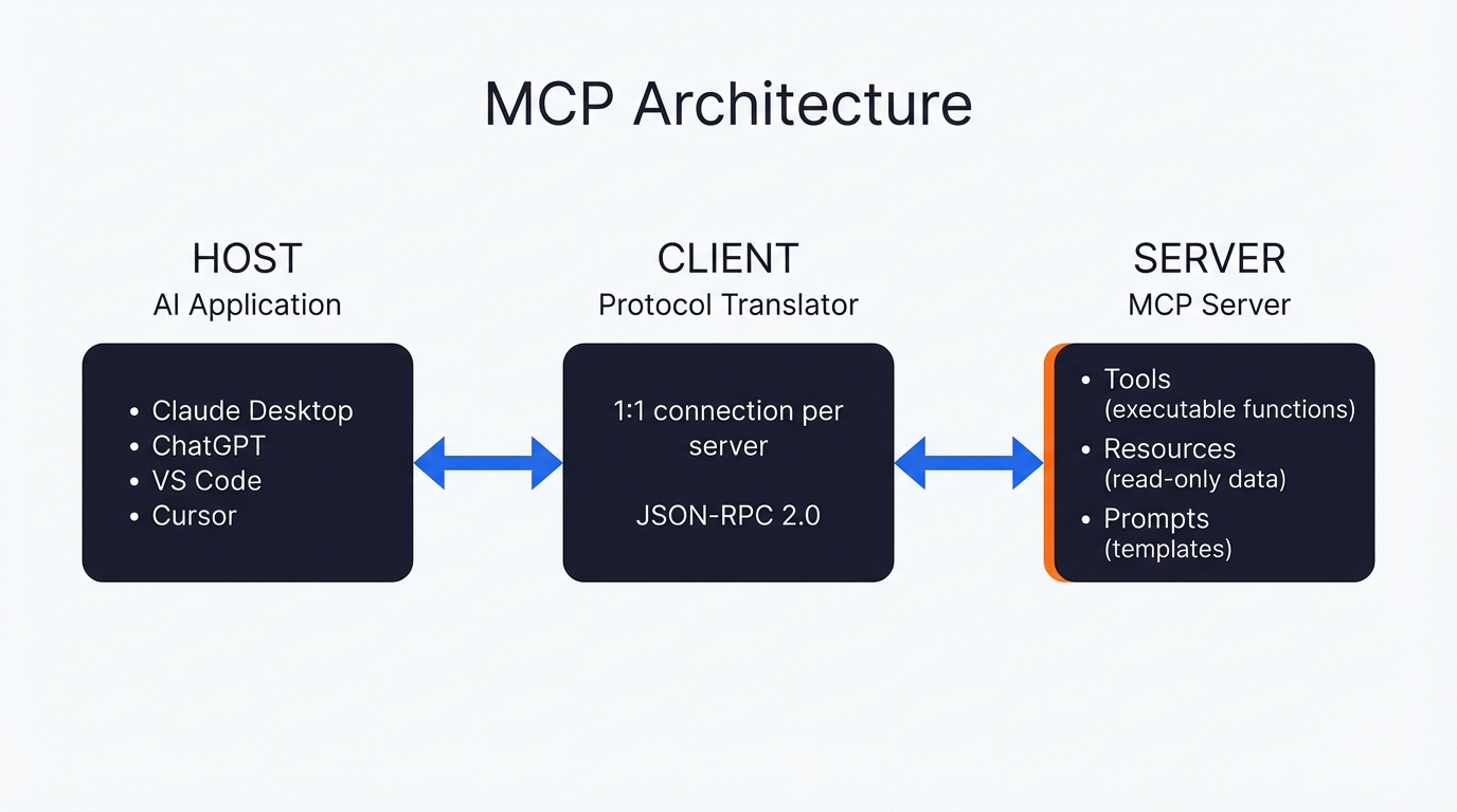 MCP architecture diagram showing host, client, and server relationship