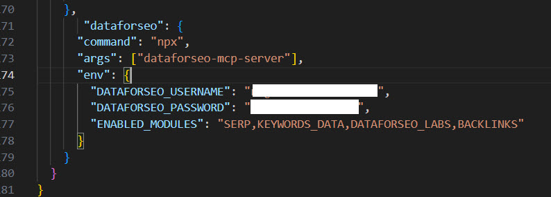 my dataforSEO mcp configuration