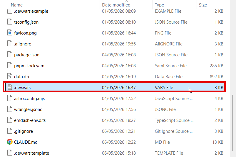 VS Code with the .dev.vars file selected and the delete confirmation dialog open.