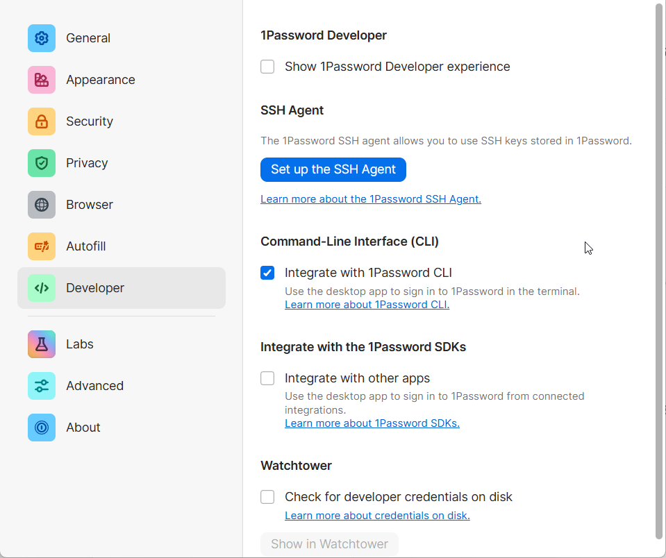 1Password Settings, Developer panel, with the Integrate with 1Password CLI toggle highlighted.