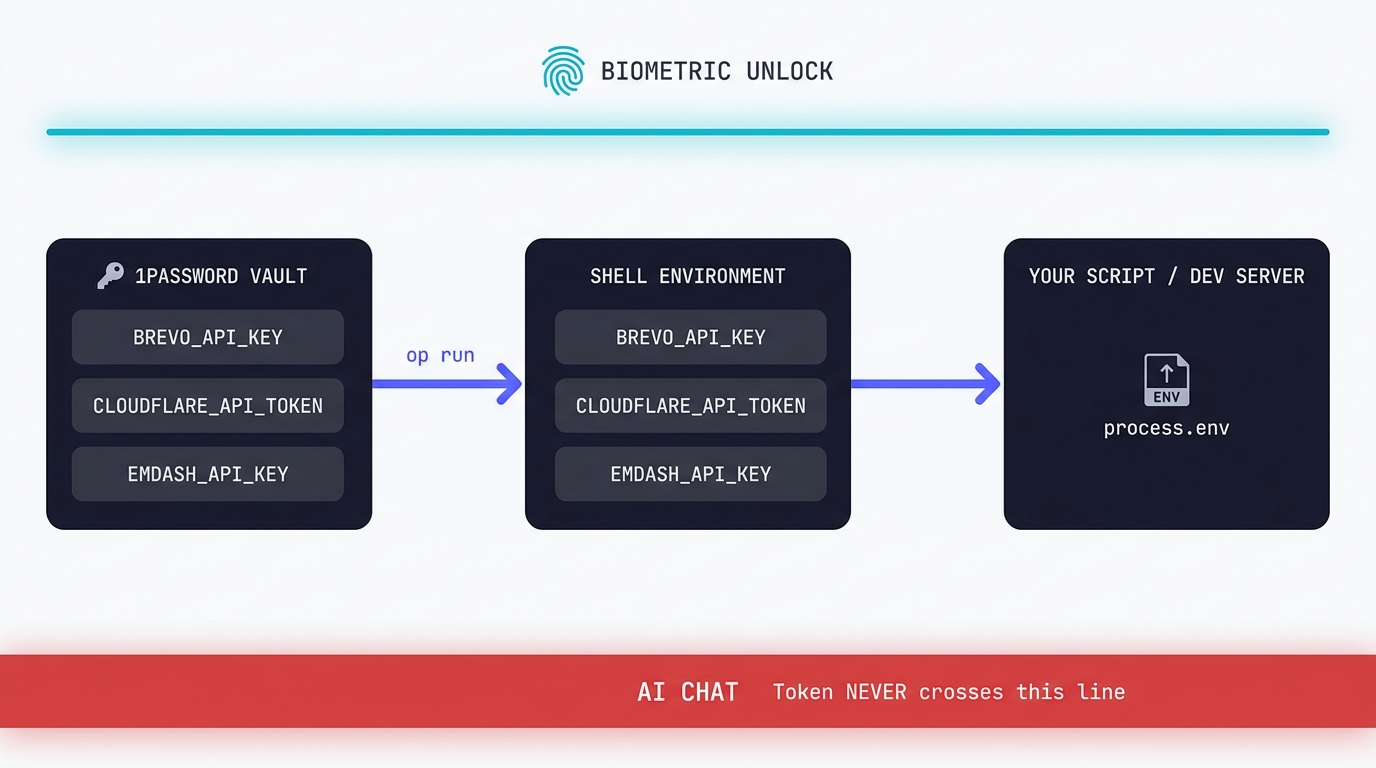 Diagram showing the 1Password vault feeding op run, which loads secrets into the shell environment used by your script. A red dashed line marks the AI chat boundary the token never crosses.