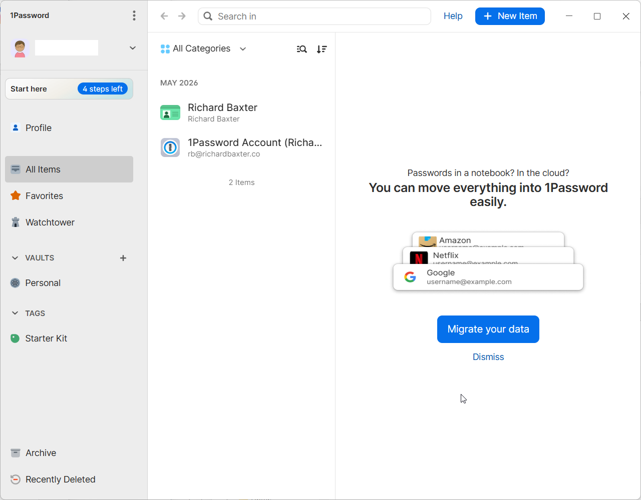 1Password desktop app showing the empty default Personal vault after first login.