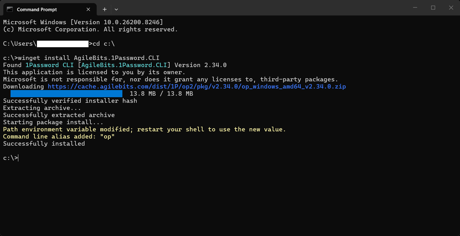 PowerShell terminal output from running winget install AgileBits.1Password.CLI.