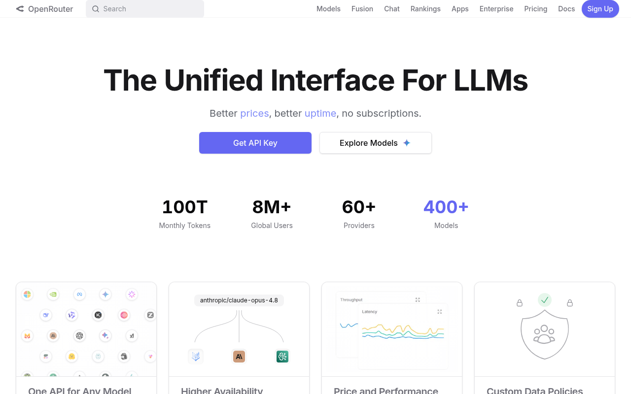 OpenRouter homepage screenshot showing the unified inference API for 300+ models. Headline reads 'The unified interface for LLMs. Find the best models and prices for your prompts'.