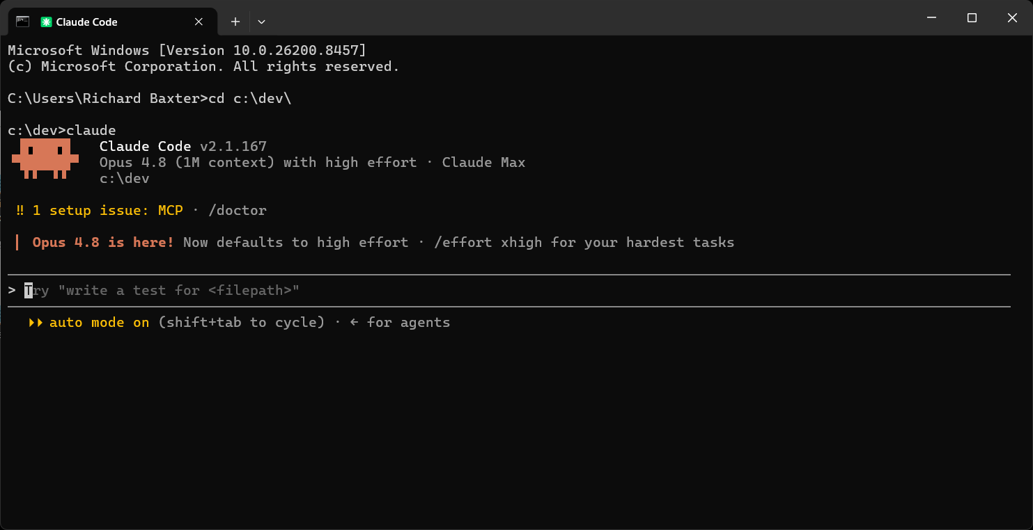 A live Claude Code session in Windows Terminal. Version banner shows Claude Code v2.1.167 with Opus 4.8 (1M context) Claude Max. The status line below reads '1 setup issue: MCP · /doctor' prompting the user to run the diagnostic. The welcome prompt 'Try write a test for filepath' appears below the banner ready for input.