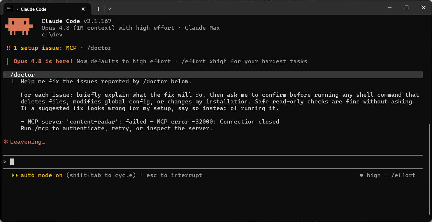 Live output of the /doctor diagnostic inside a running Claude Code session showing the auto-updater check, Node.js version, ripgrep presence, network reachability to api.anthropic.com, authentication state, config integrity, and MCP server health