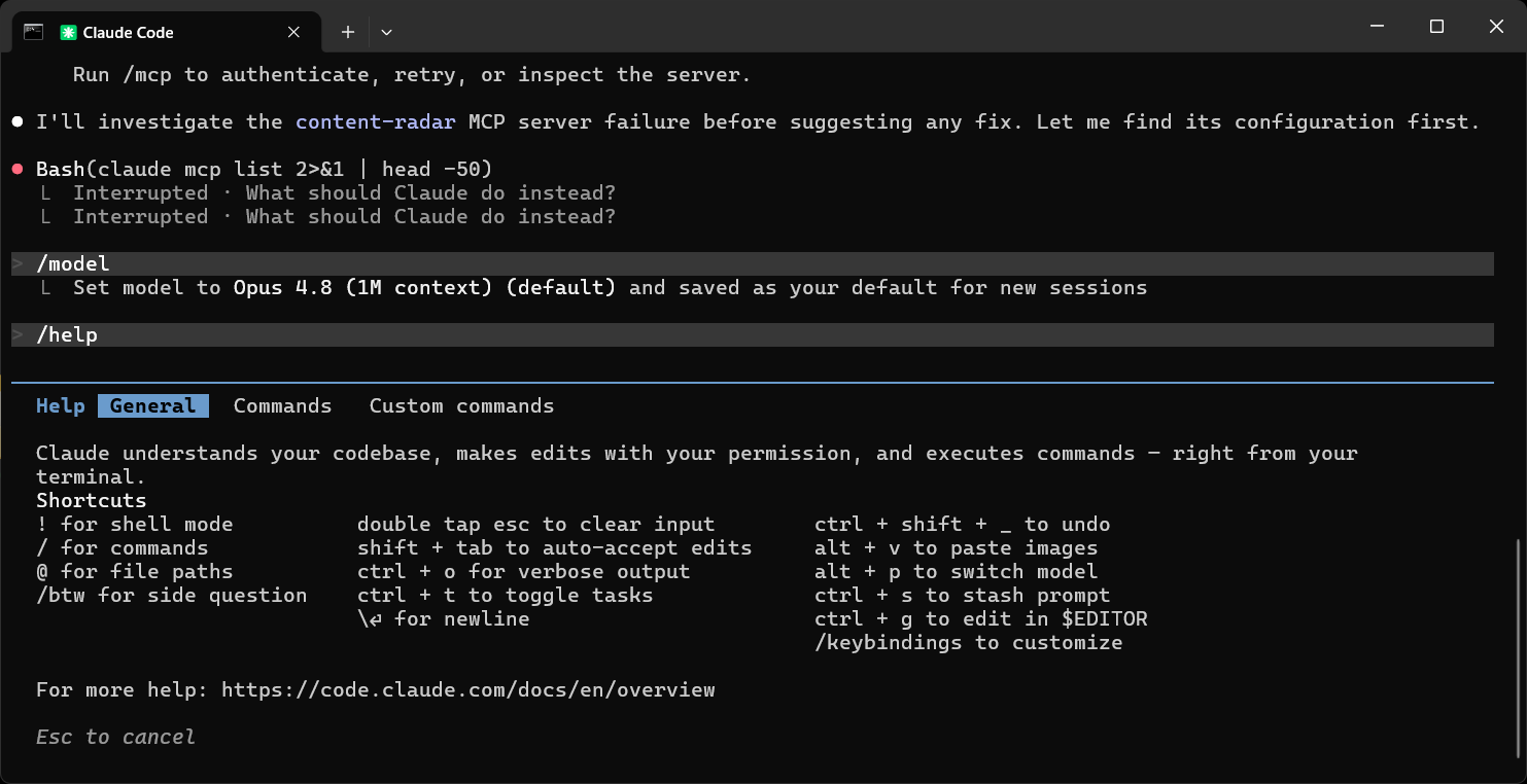 Live output of /help inside a Claude Code session showing the full slash-command reference - /model, /context, /agents, /clear, /compact, /doctor, /insights, /terminal-setup, /skill, /effort and more - one keystroke away