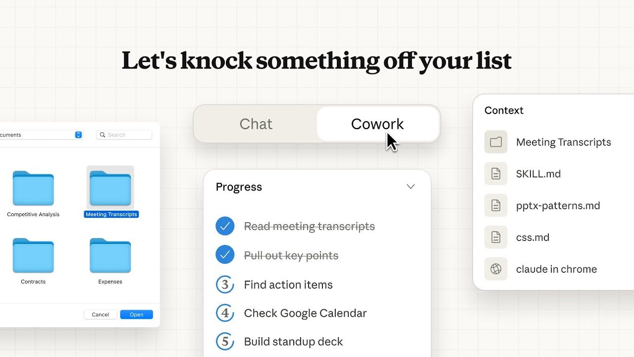 Claude Cowork interface showing the agentic mode tab in Claude Desktop, with a goal description and a planned task list, taken from Anthropic's official Cowork product page.