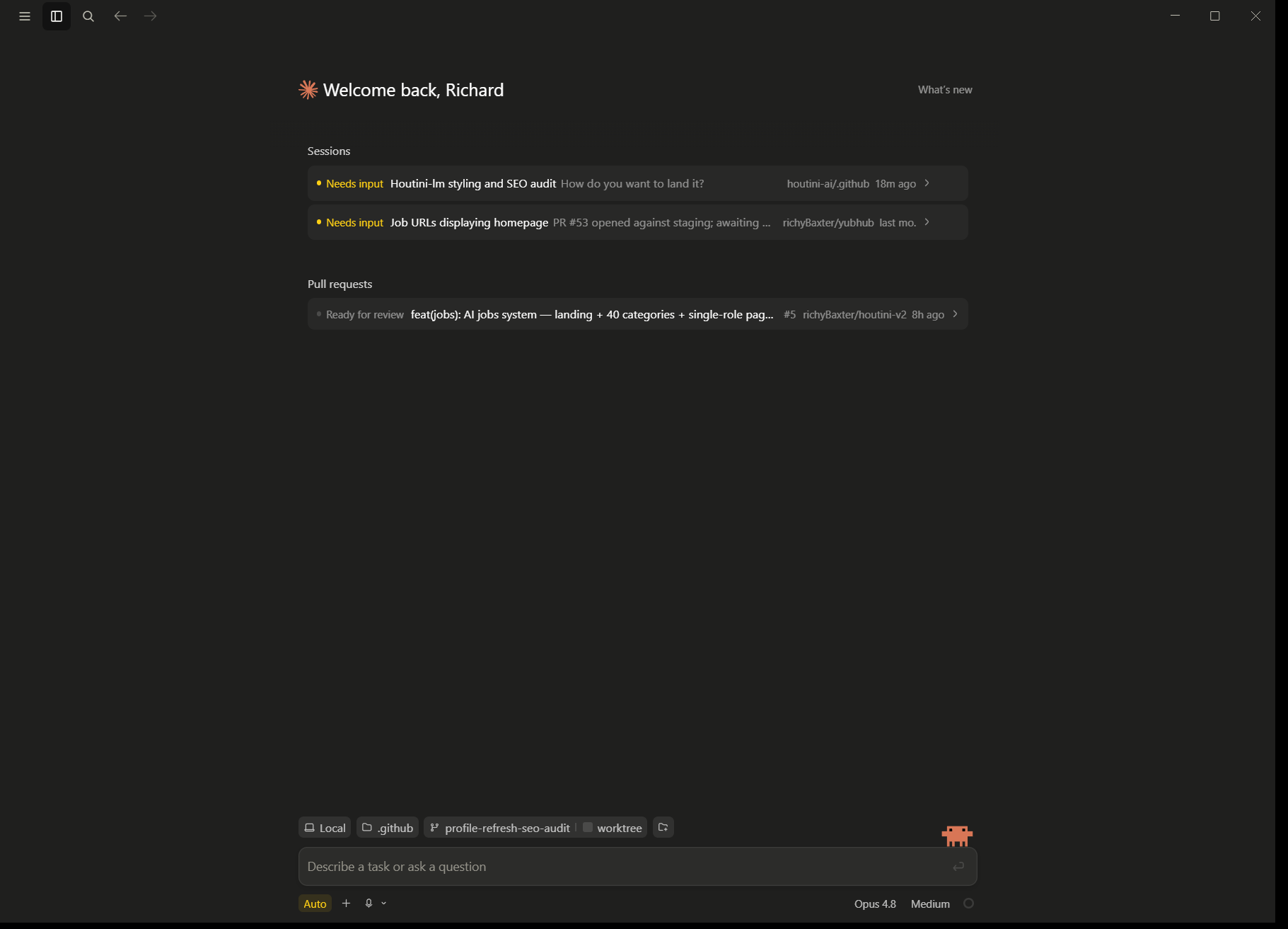 The Claude Code home view in the desktop app: active sessions awaiting input, a pull request ready for review, and the task composer