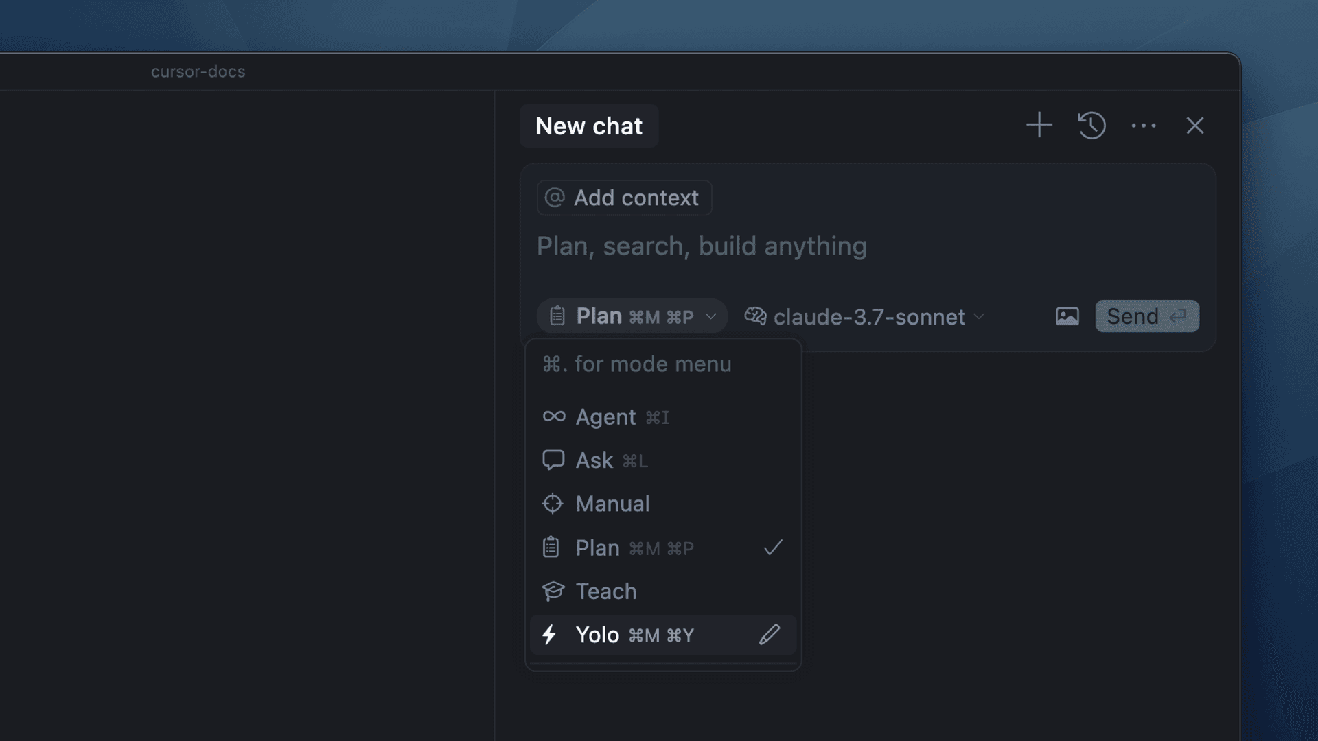 The Cursor editor in use, with its AI panel and mode selector