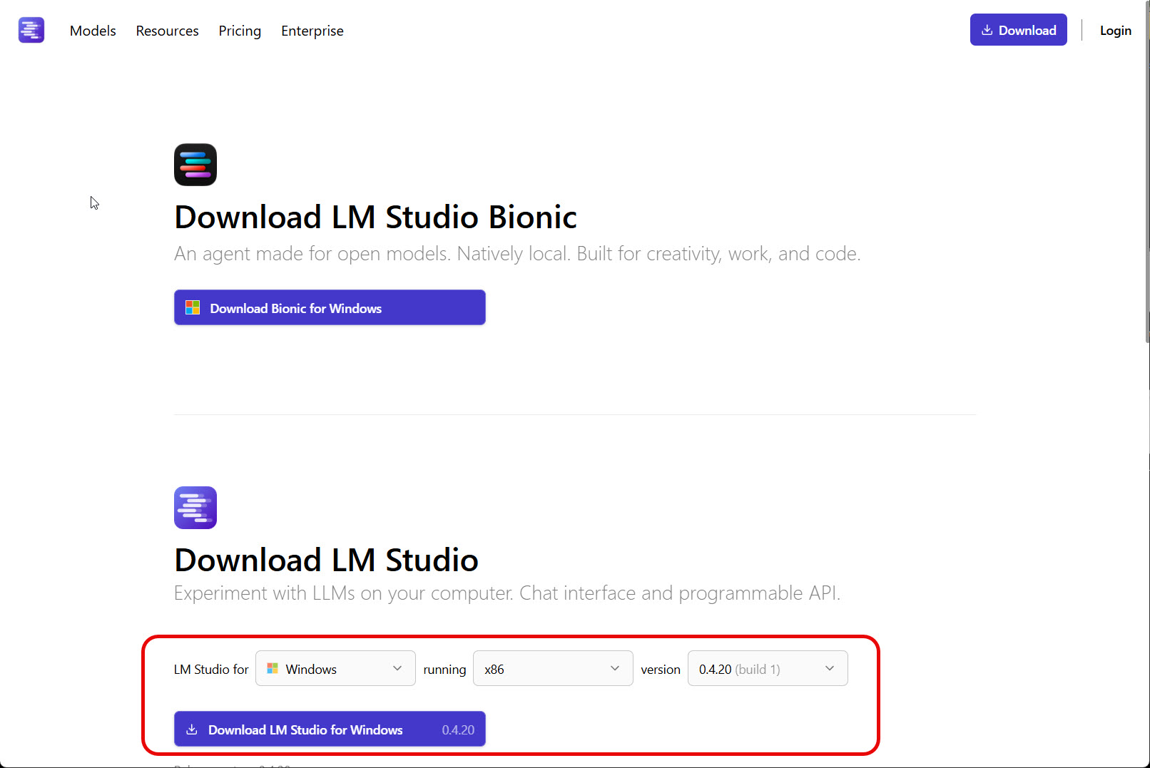 The lmstudio.ai download page showing LM Studio Bionic at the top and the classic LM Studio download for Windows highlighted below