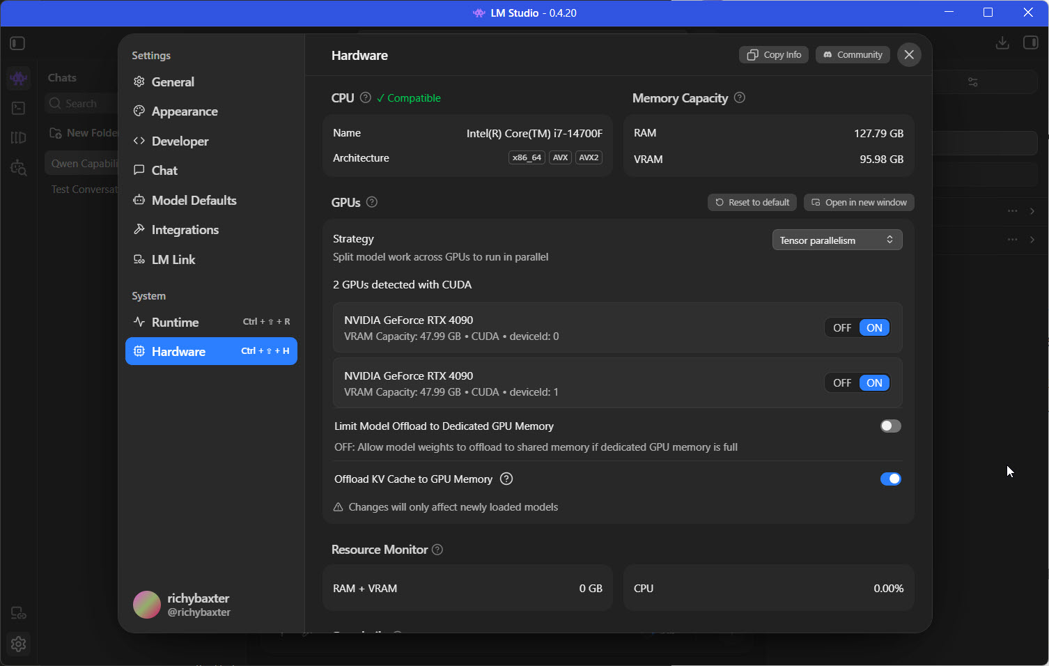 My own pair of modded 48GB RTX 4090s in the hardware manager, running a model in tensor parallelism across both cards - 96GB of fast VRAM for the price of one workstation card.