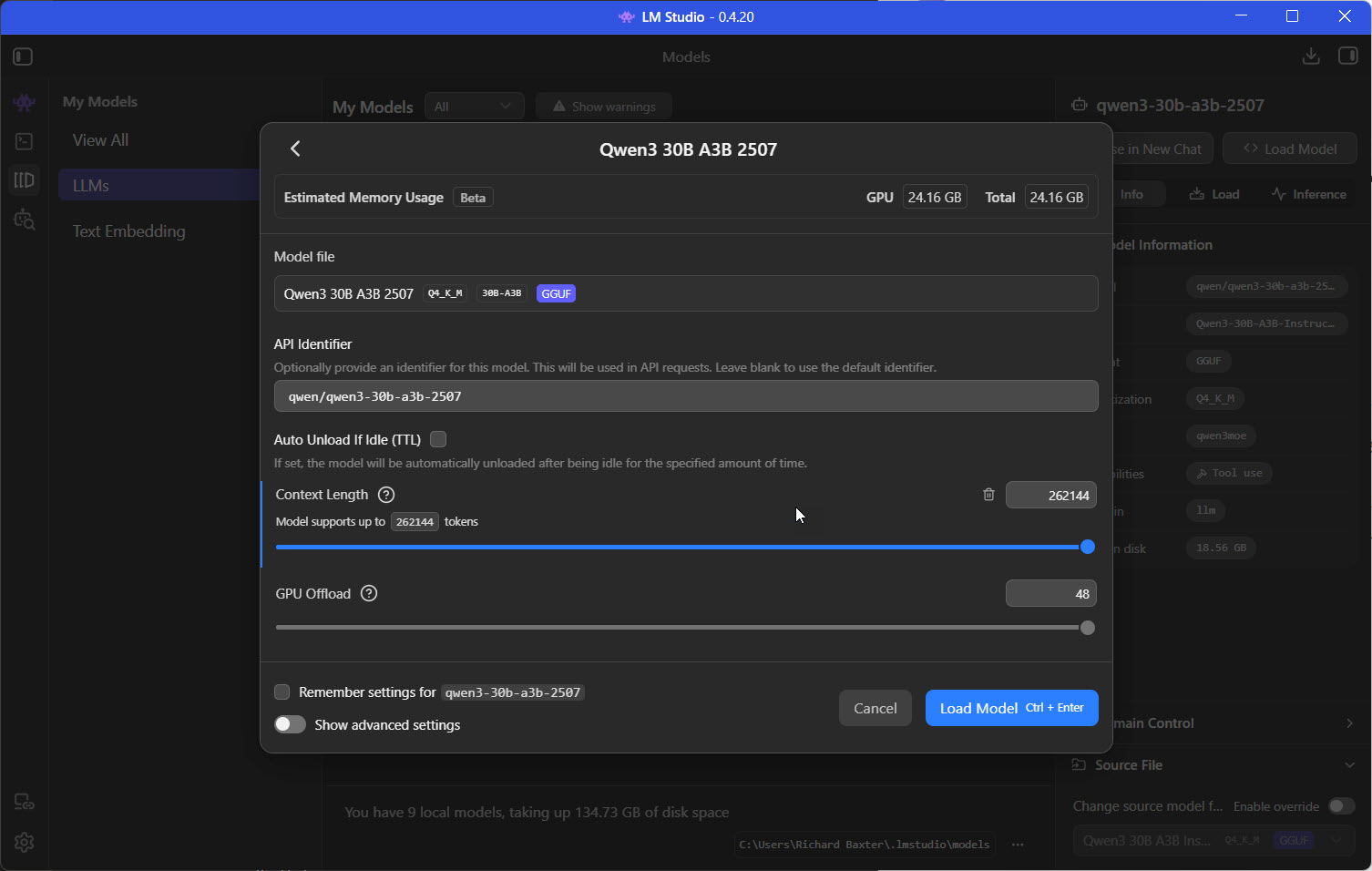 LM Studio load dialog: estimated memory usage, context-length slider, and GPU offload