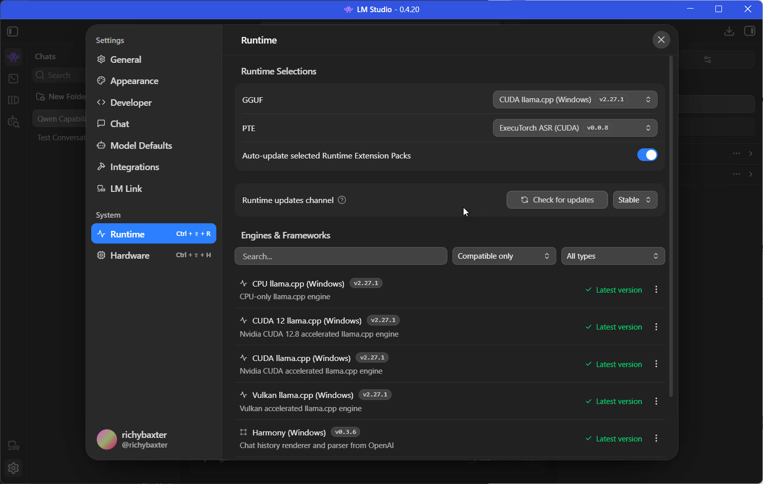 LM Studio Runtime settings: the GGUF engine set to CUDA llama.cpp, with the CPU/CUDA/Vulkan engine list