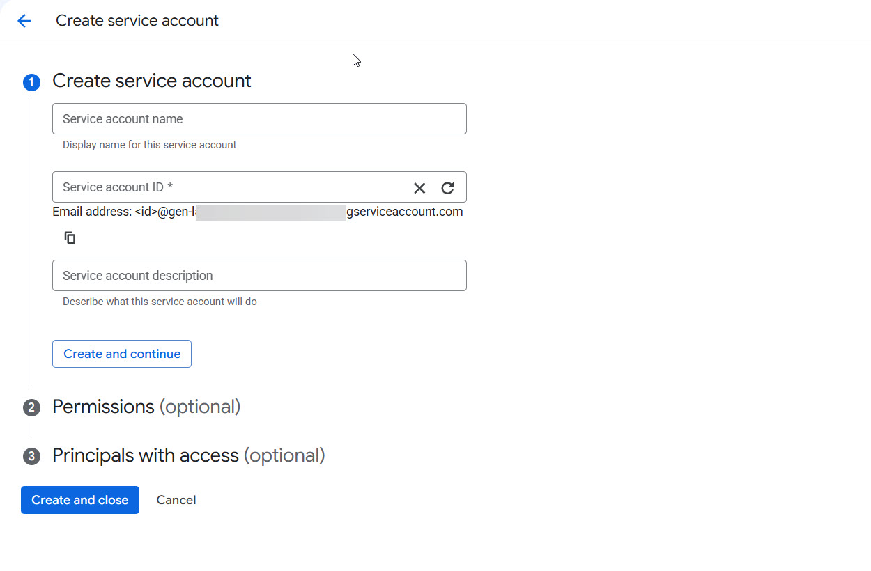 Google Cloud console form for creating a new service account