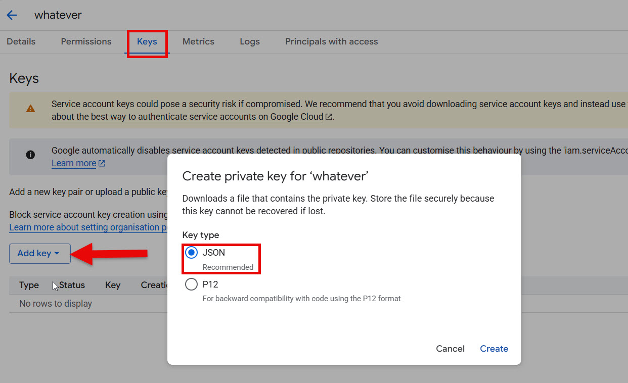A service account's Keys tab in Google Cloud Console with Add key highlighted and the Create private key dialog set to JSON