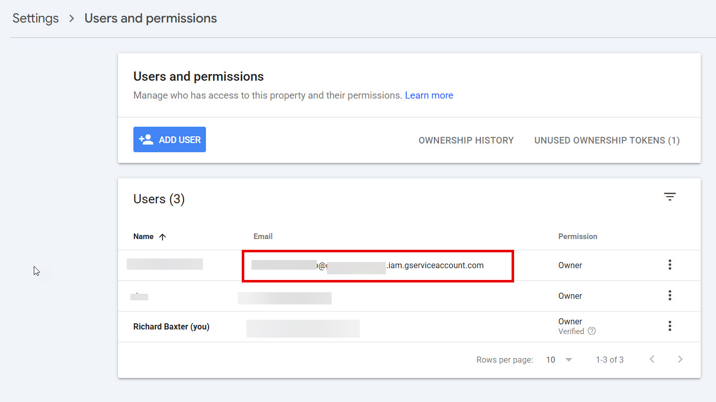 Search Console Users and permissions screen showing the service account email added as a user