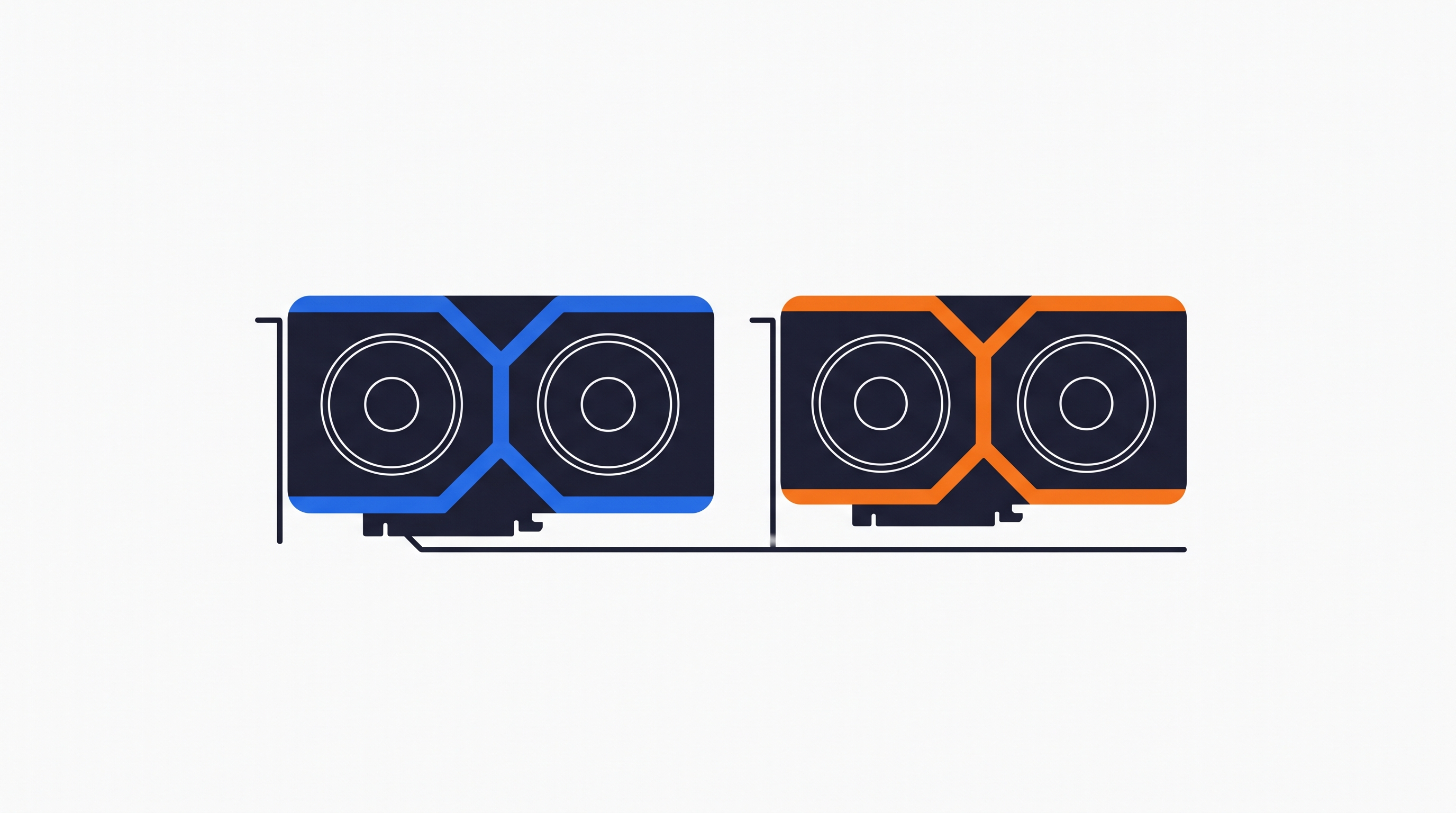 Flat technical illustration of two graphics cards on one motherboard, one accented blue and one orange, representing the qwen incumbent and the Muse Glimmer challenger competing on a single dual-GPU workstation.