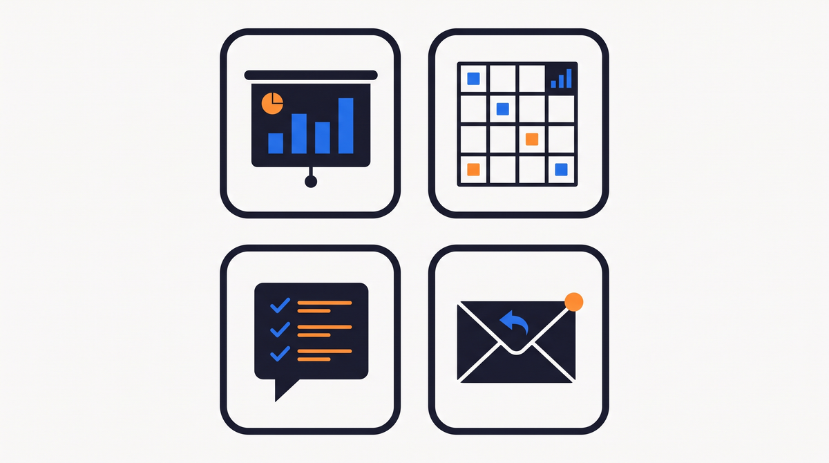 Four flat icons in a grid representing the tasks - a presentation slide, a spreadsheet with a bar chart, a meeting summary checklist, and an email reply.