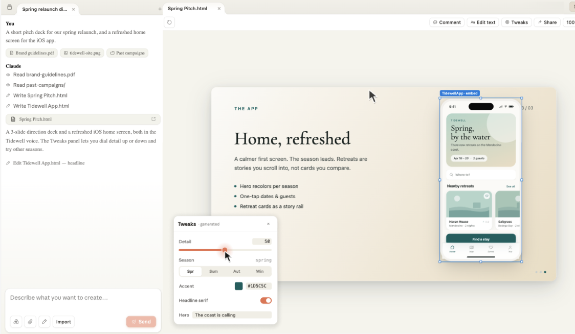 Screenshot of Claude building a presentation - the chat on the left reads the brief and writes the slides, with a rendered slide deck and a Tweaks panel on the right.