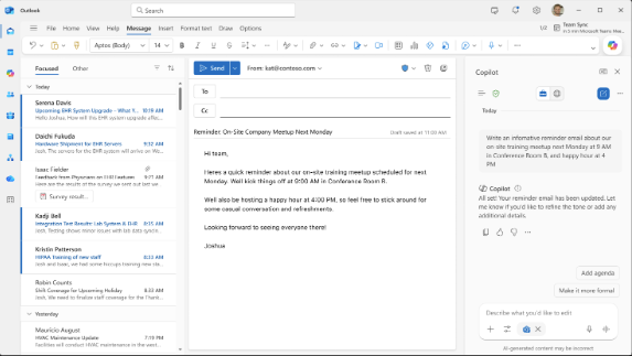 Screenshot of Microsoft Outlook with Copilot - an inbox and a drafted email produced by the Copilot panel on the right.