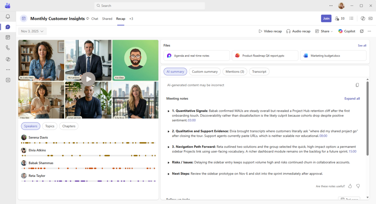 Screenshot of Microsoft Teams Intelligent Recap - AI-generated meeting notes, a speaker timeline and summary tabs after a call.