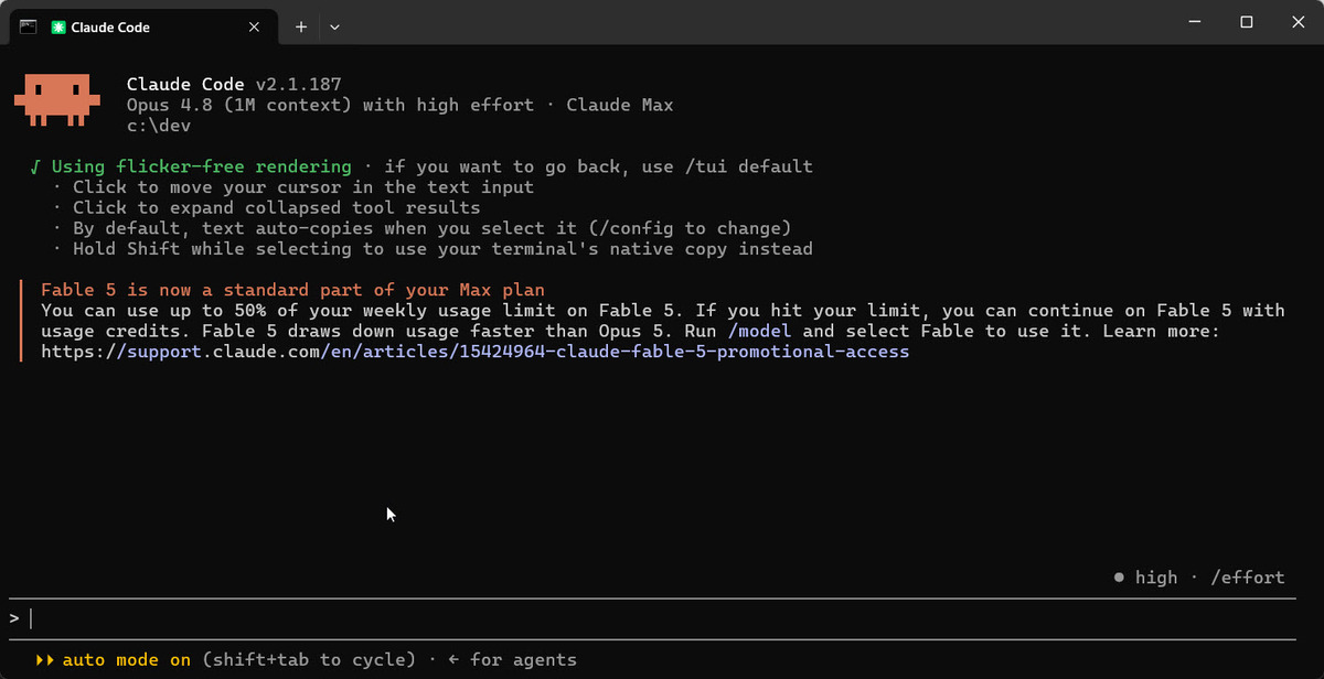 Claude Code v2.1.187 in its fullscreen flicker-free renderer, ready for input - the status line shows auto mode on and high effort, with the prompt waiting at the bottom. This is the state once setup is done.