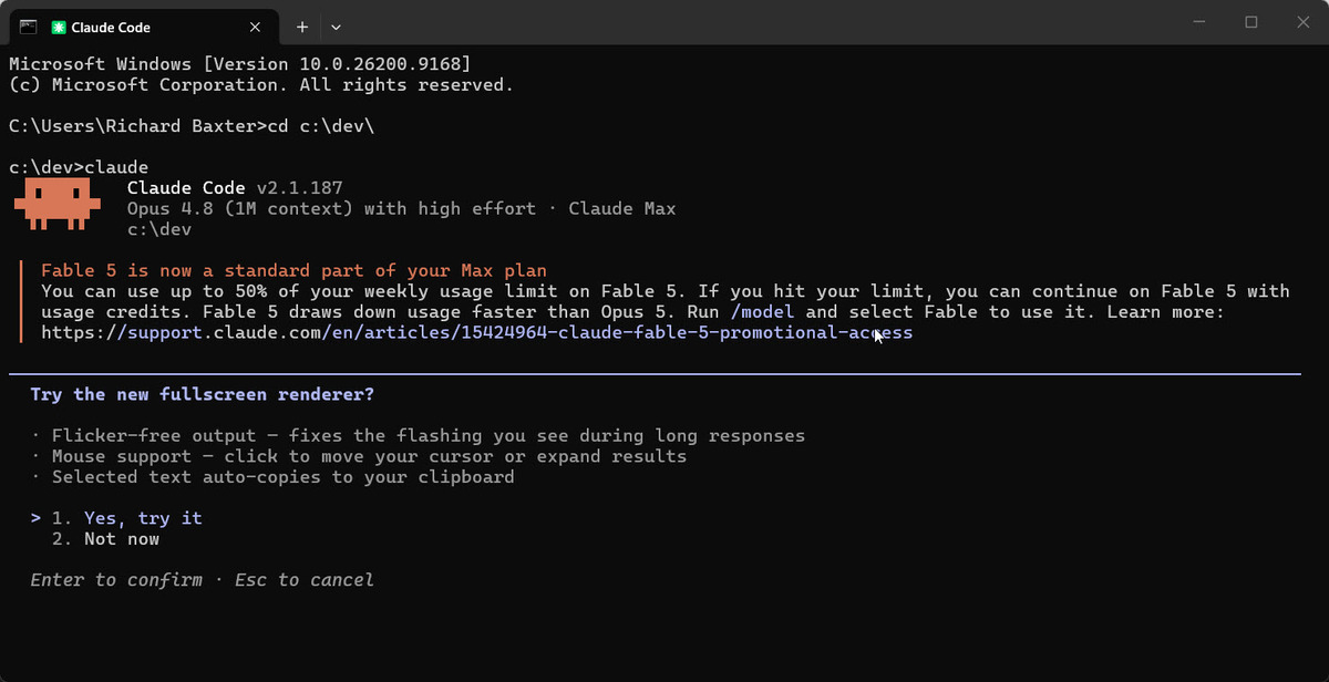 Claude Code v2.1.187 launching in Windows Terminal - the banner shows Opus 4.8 (1M context) on a Claude Max plan, a note that Fable 5 is now standard on Max, and a prompt asking whether to try the new fullscreen renderer.