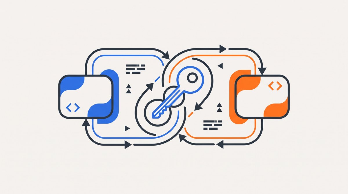 A flat editorial illustration of two AI models exchanging requests and responses across a connection, with an API key motif - the two-model workflow at the heart of using the Gemini API.