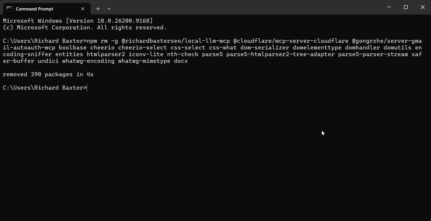 A terminal running npm rm -g on old MCP servers and leaked library dependencies: removed 390 packages in 4s.