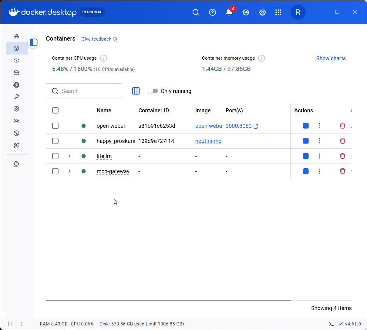 Docker Desktop's Containers view after the fix - the gateway plus each MCP server as its own shared container.