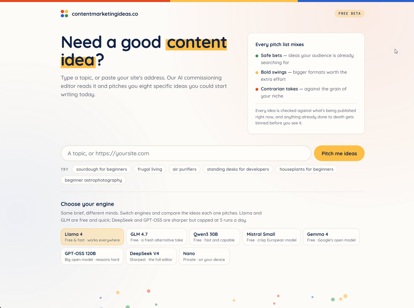 The contentmarketingideas.co homepage: a topic box, a 'Pitch me ideas' button, and a 'Choose your engine' panel showing eight AI models to pick from - Llama 4, GLM, Qwen3, Mistral Small, Gemma, GPT-OSS, DeepSeek and on-device Nano.