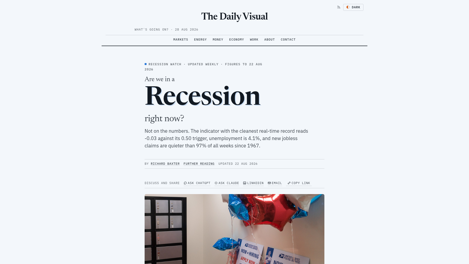 The Daily Visual's recession page opening with the answer Not on the numbers, alongside the indicator readings it is computed from