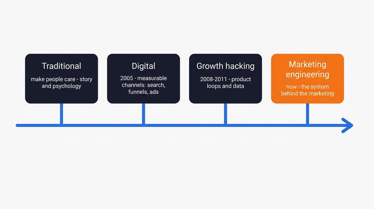 Timeline of four marketing eras: traditional, digital, growth hacking, and marketing engineering, with the defining skill of each