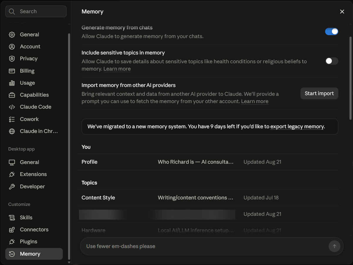Claude Desktop's Memory settings: generate memory from chats on, sensitive topics off, an import-from-other-providers option, a migration notice, and editable memory topics including a profile and a content-style entry