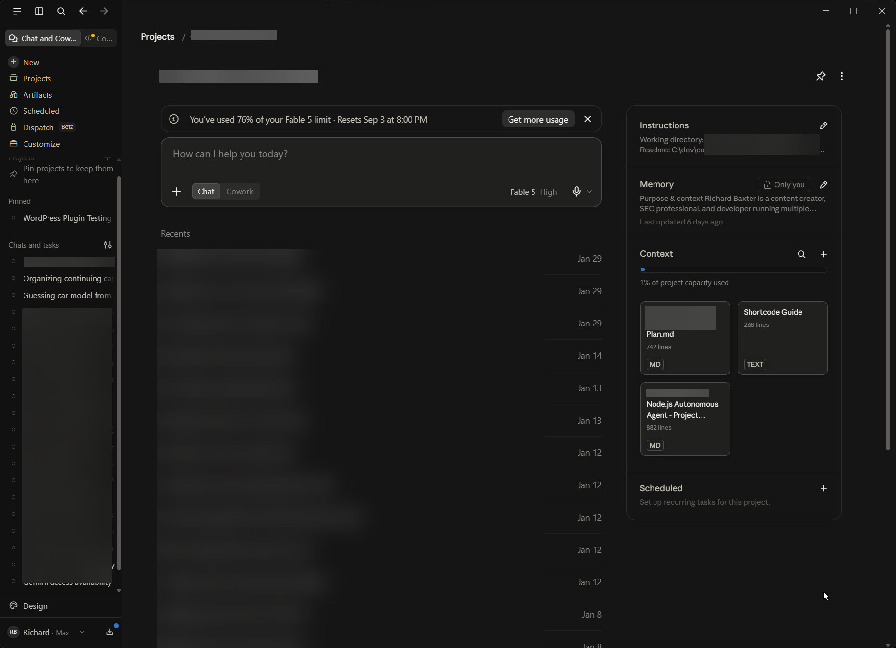 A Project in Claude Desktop: the instructions block with a working directory, a memory summary, and a Context panel holding the working documents - a plan, a shortcode guide and an agent brief - at 1% of project capacity
