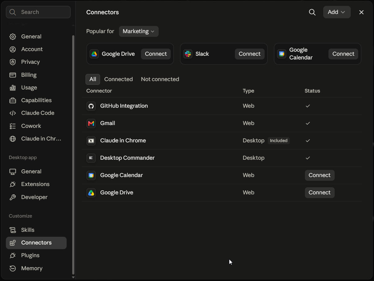 Claude Desktop's Connectors panel under Customize: Google Drive, Slack and Google Calendar offered for Marketing at the top, then GitHub, Gmail, Claude in Chrome and Desktop Commander already connected