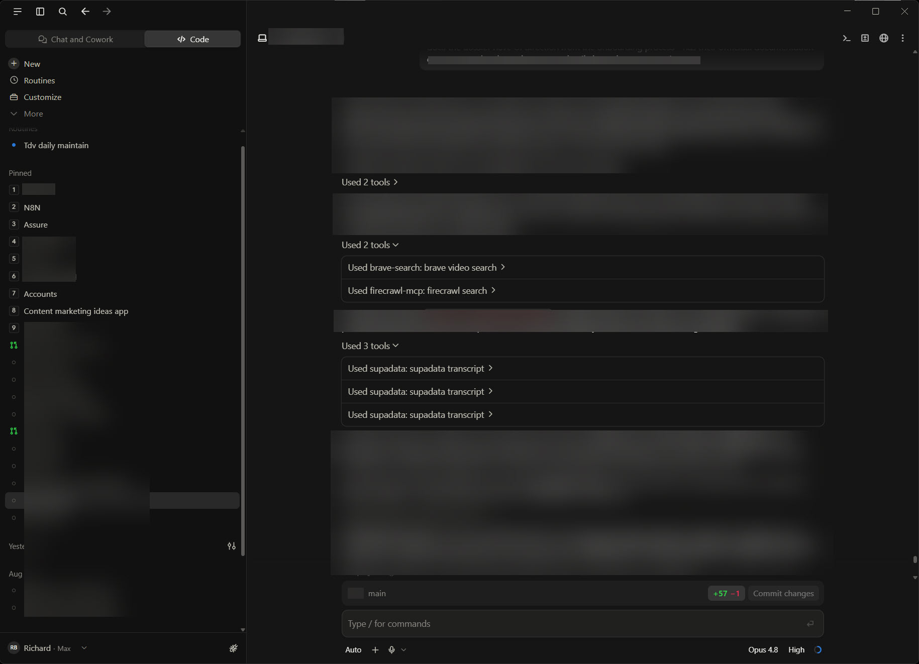 The Code tab in Claude Desktop on my machine: a session on one of my repositories showing tool calls to brave-search, firecrawl and supadata, a +57/-1 diff on main with a Commit changes button, and Opus 4.8 at High effort in the composer