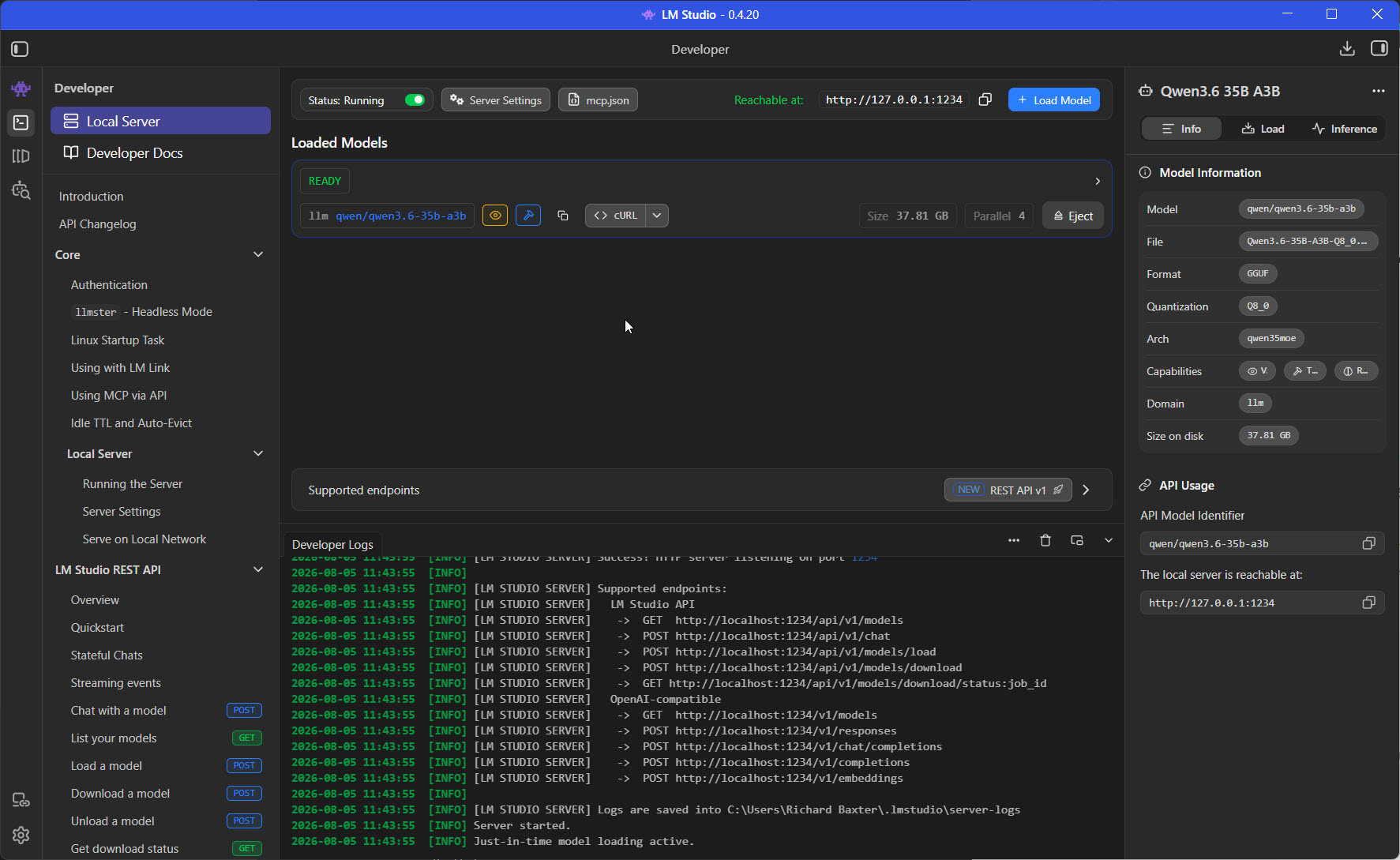 LM Studio 0.4.20 Developer tab on my machine: the local server running at 127.0.0.1:1234 with Qwen3.6 35B A3B loaded, the mcp.json button in the toolbar, and the OpenAI-compatible endpoints listed in the log