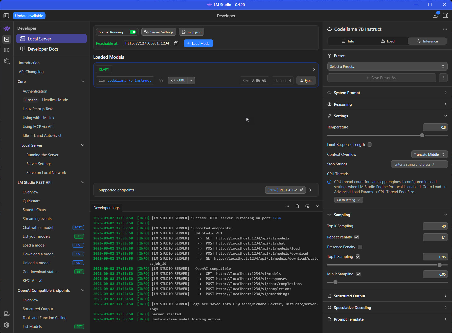 LM Studio's Inference panel on the right of the Developer tab with Codellama 7B Instruct loaded: Temperature 0.8, then the Sampling section with Top K 40, Repeat Penalty 1.1, Top P 0.95 and Min P 0.05, and the Preset picker at the top
