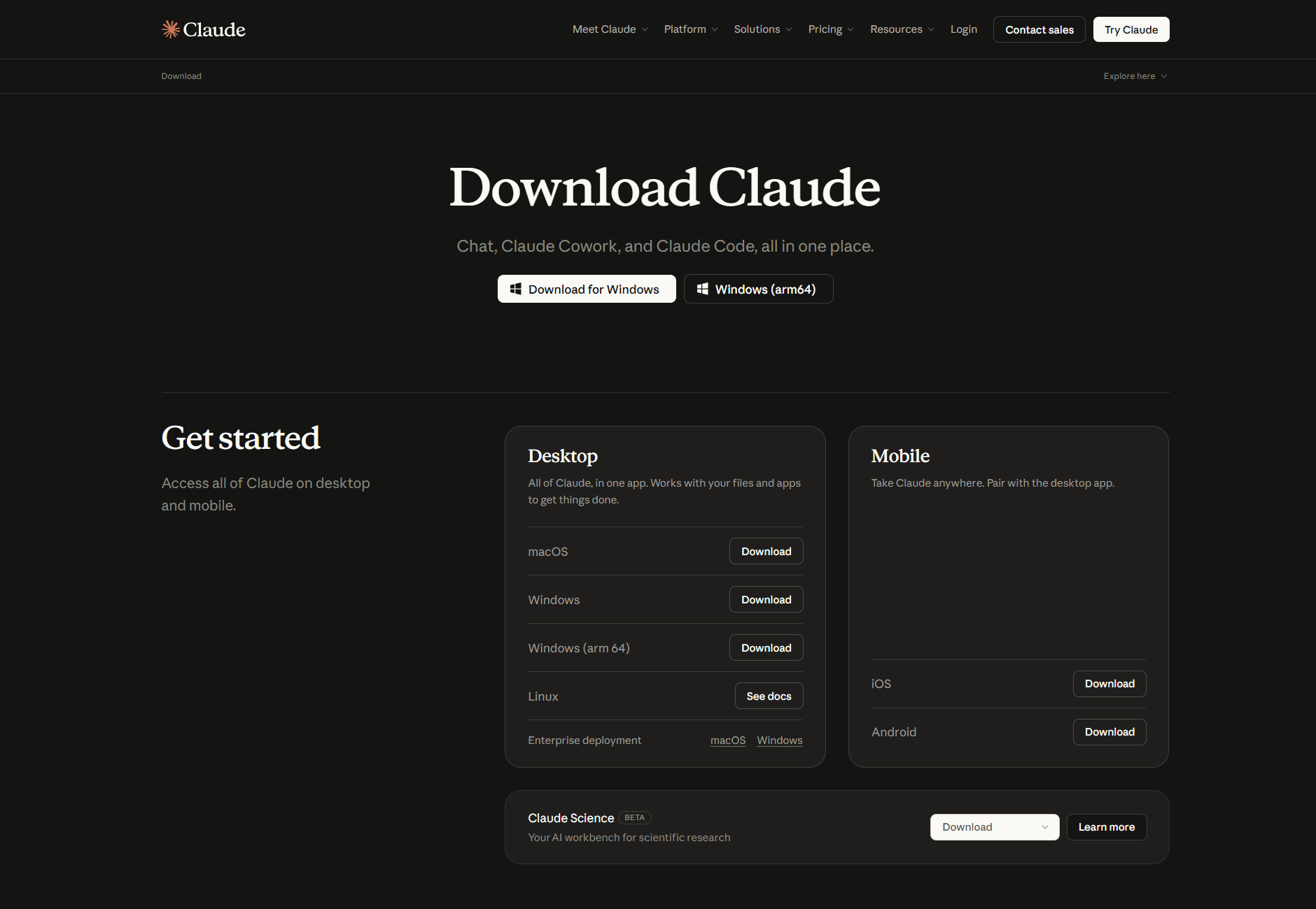 The claude.com download page: a Download for Windows button under the heading, and a Desktop table listing macOS, Windows, Windows (arm 64) and Linux, with the mobile apps beside it.