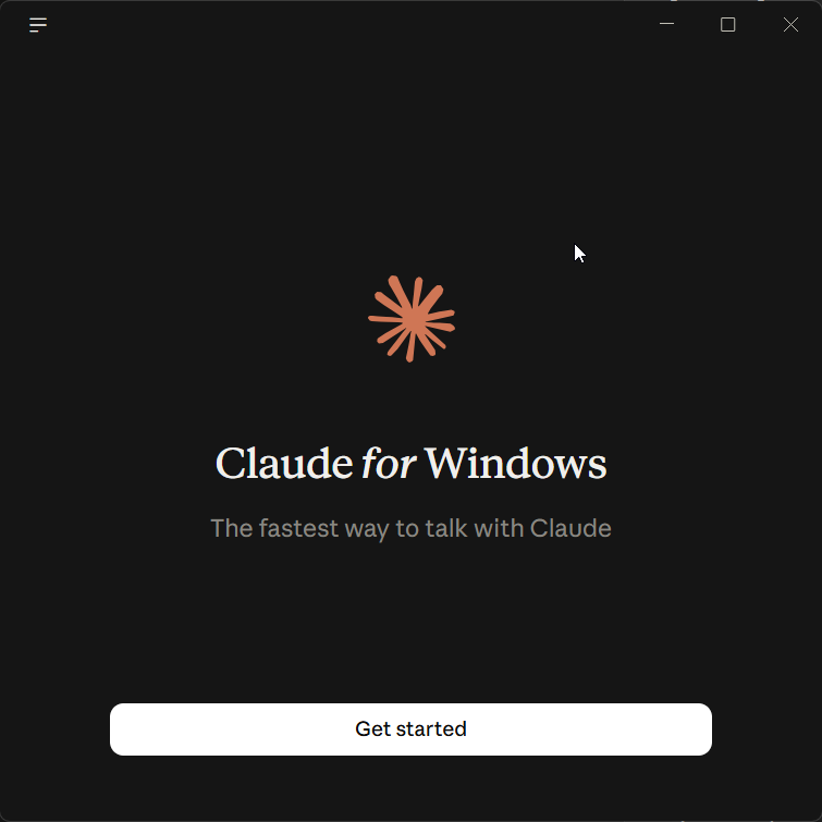 The first screen after installing: Claude for Windows, with a Get started button.