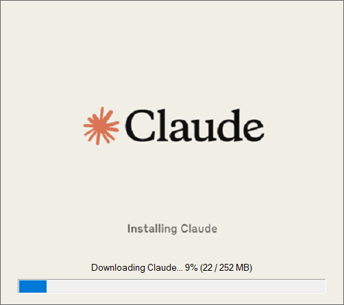 The Claude for Windows installer part-way through downloading the application.