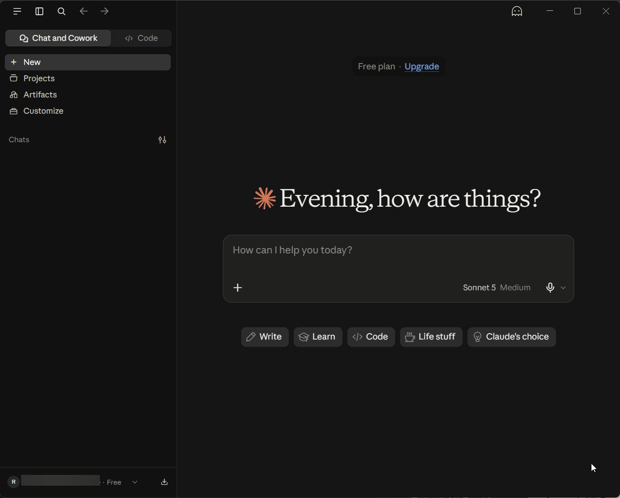 The Chat home on the fresh account, on the Free plan: the message box with its plus button and a model indicator reading Sonnet 5, Medium; the Chat and Cowork and Code tabs top-left; and Projects, Artifacts and Customize in the sidebar.