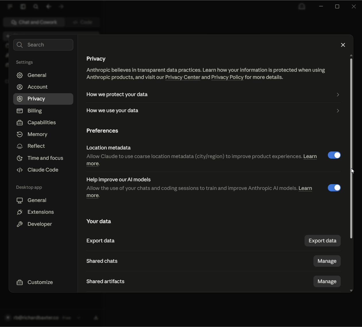 The Privacy page in Settings on the fresh account: Location metadata on, Help improve our AI models on, and the Export data and shared-content controls below.