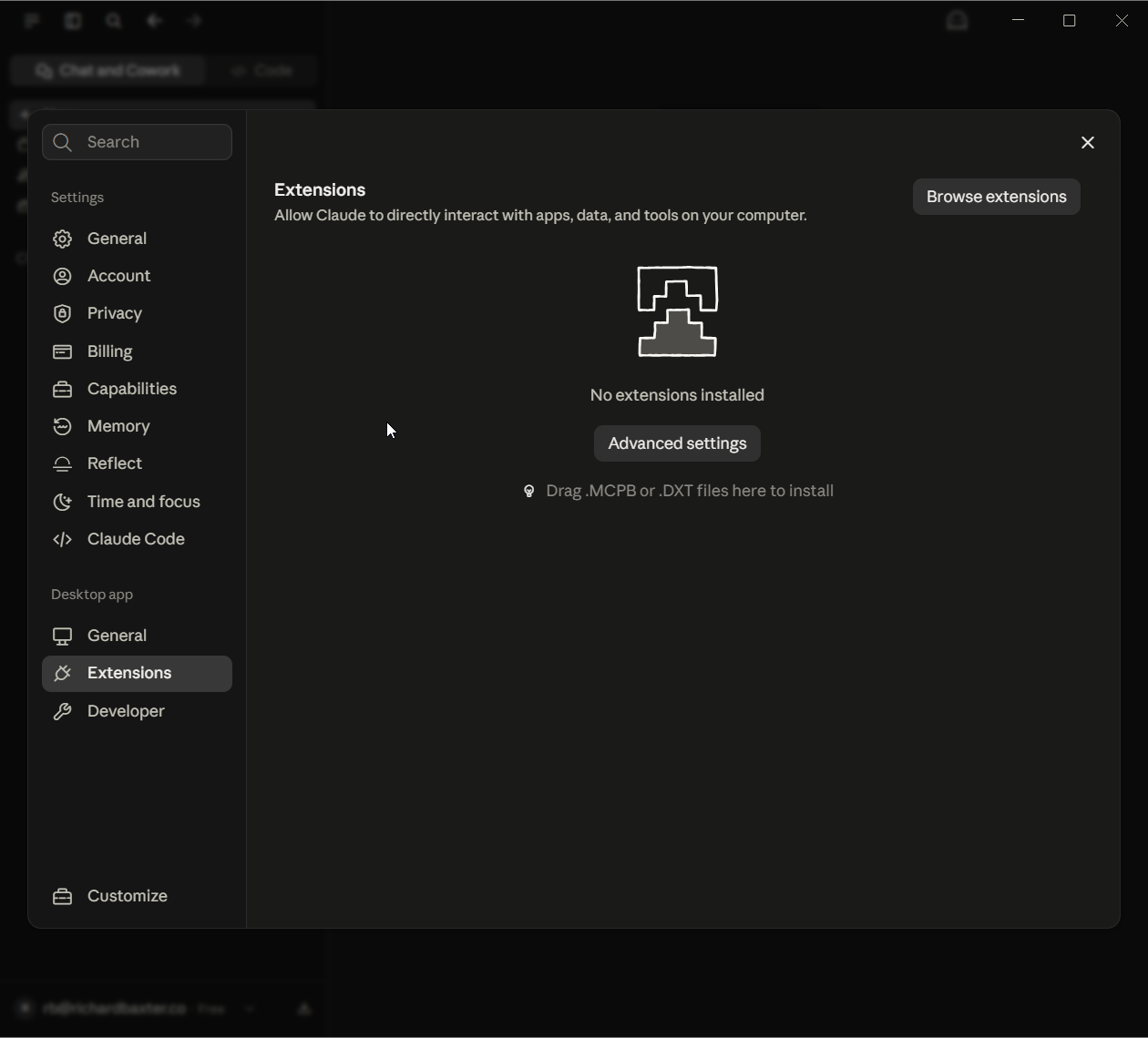 The Extensions page in Settings on the fresh account: No extensions installed, a Browse extensions button, and a drop zone reading Drag .MCPB or .DXT files here to install.