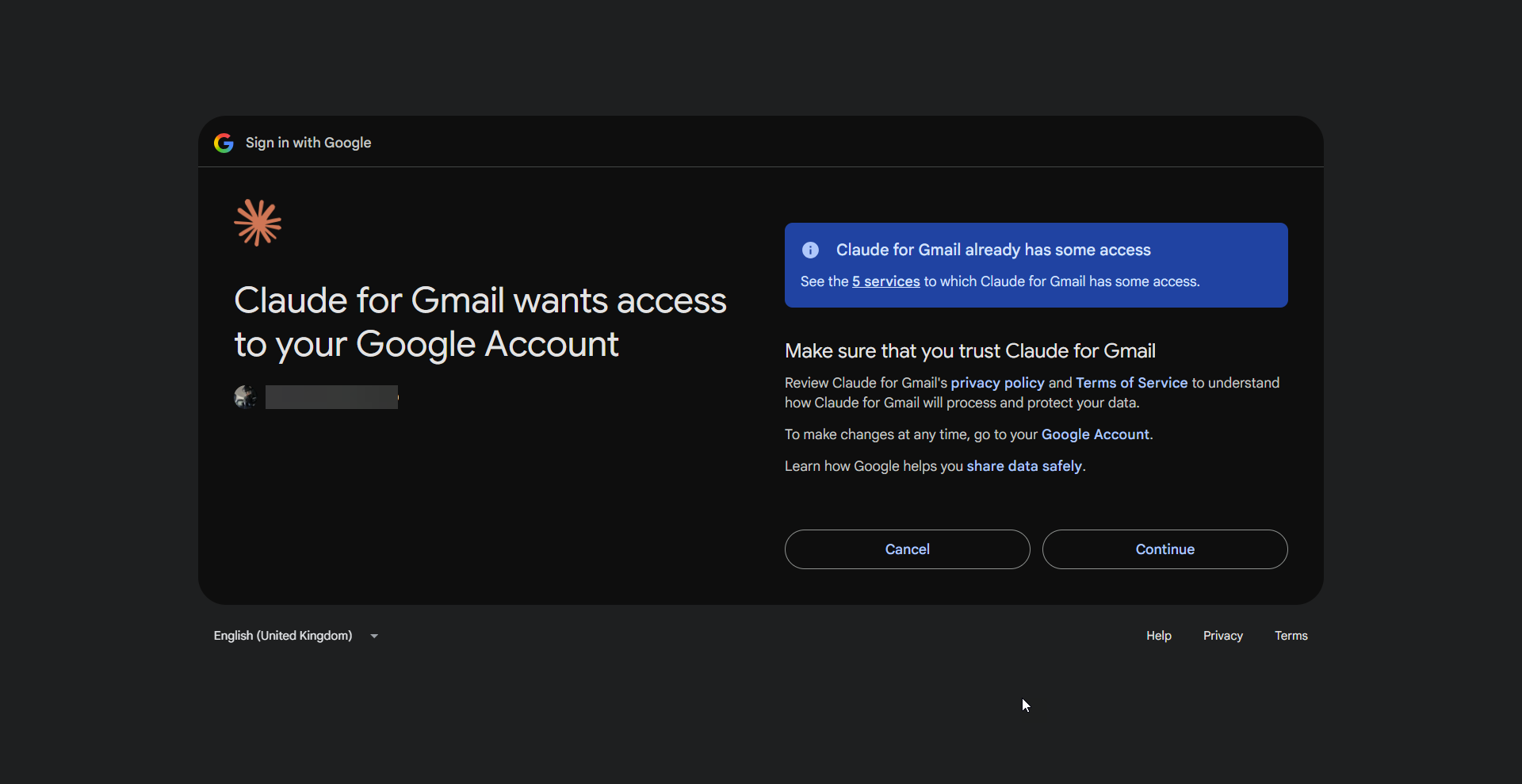 Google's Sign in with Google screen: Claude for Gmail wants access to your Google Account, with Cancel and Continue.