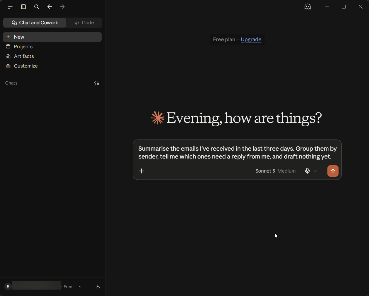 The prompt typed into the message box on the fresh account, Sonnet 5 on Medium, before sending.