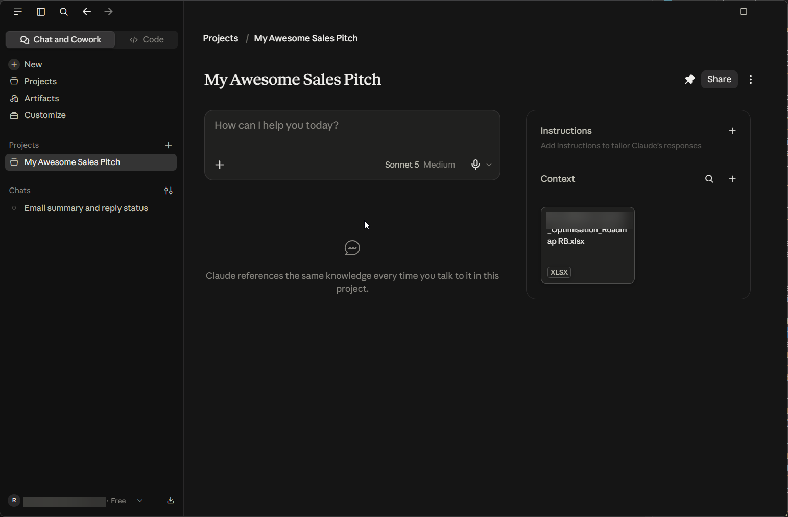 The new Project's page: a message box, an empty Instructions panel, and a Context panel holding one spreadsheet.